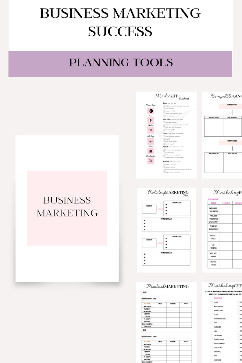 May include: A printable worksheet with planning tools for business marketing success. The worksheet includes sections for media kit checklist, competitor analysis, holiday marketing plan, product marketing, and marketing channels.