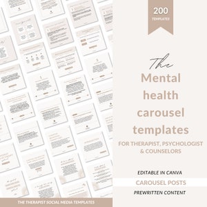 Op de afbeelding: Een verzameling van 200 aanpasbare social media carrousel sjablonen voor therapeuten, psychologen en counselors. De sjablonen zijn bewerkbaar in Canva en bevatten vooraf geschreven content. De tekst op de afbeelding luidt "The Mental Health Carousel Templates".