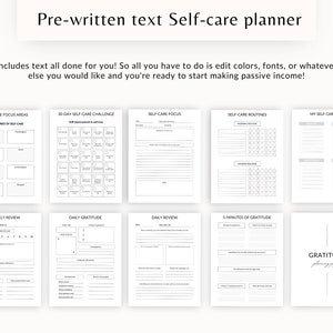 May include: A printable self-care planner with sections for self-care focus areas, a 30-day self-care challenge, self-care routines, a weekly review, daily gratitude, a daily review, 5 minutes of gratitude, and a gratitude planning page.