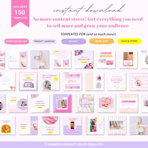 Puede incluir: Un collage de 150 plantillas de publicaciones para redes sociales para tiendas online y vendedores de productos. Las plantillas presentan una combinaci&oacute;n de colores rosa y morado con varias superposiciones de texto y gr&aacute;ficos. El texto incluye frases como "Compartir los m&aacute;s vendidos", "Lanzamientos de productos", "Rese&ntilde;as", "Tienda online" y "Ofertas y ventas".