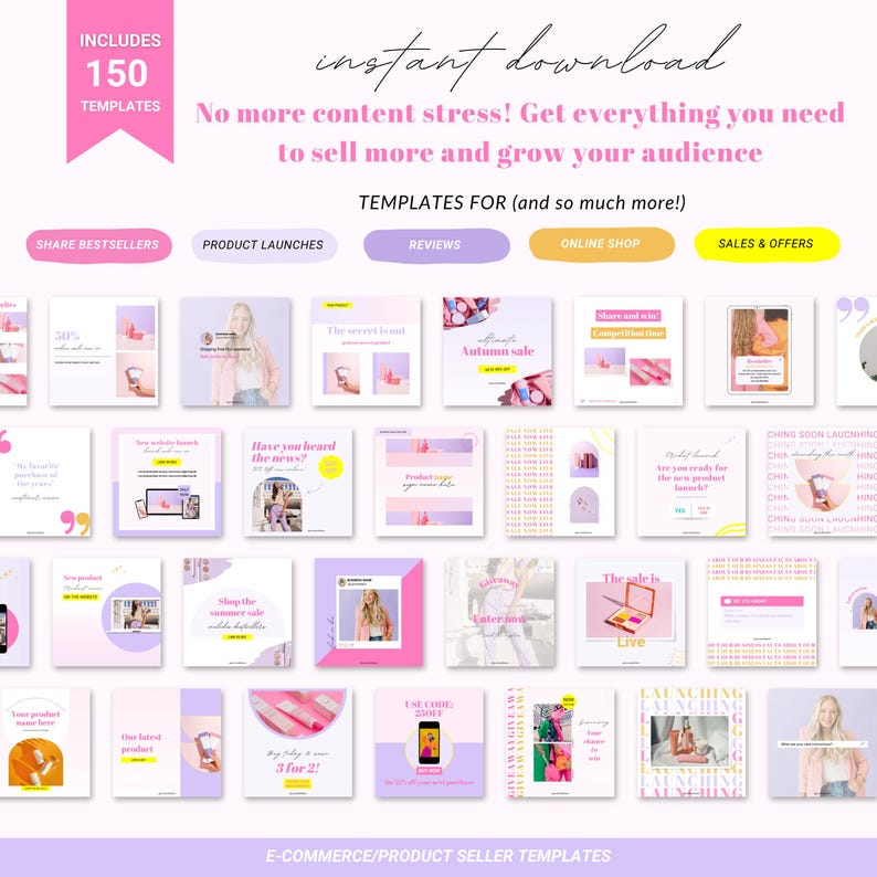 Puede incluir: Un collage de 150 plantillas de publicaciones para redes sociales para tiendas online y vendedores de productos. Las plantillas presentan una combinaci&oacute;n de colores rosa y morado con varias superposiciones de texto y gr&aacute;ficos. El texto incluye frases como "Compartir los m&aacute;s vendidos", "Lanzamientos de productos", "Rese&ntilde;as", "Tienda online" y "Ofertas y ventas".