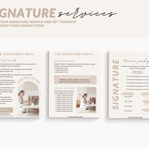 May include: A three-panel template for a signature service. The first panel is titled "The Signature Service: All About Results." The second panel is titled "The Signature Service: Name of Service." The third panel is titled "Premium Package." The panels are beige with brown text and images.