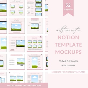 Könnte beinhalten: Ein Satz von 52 rosa und grünen Canva-Mockups für Notion-Vorlagen. Die Mockups zeigen verschiedene Bildschirmgrößen und -winkel, darunter ein Laptop, ein Telefon und ein Desktop-Computer. Der Text "Ultimate Notion Template Mockups" wird in einer großen Schriftart angezeigt.