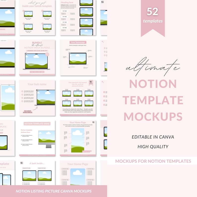 Pode incluir: Um conjunto de 52 maquetes Canva rosa e verde para modelos Notion. As maquetes apresentam diferentes tamanhos de tela e &acirc;ngulos, incluindo um laptop, um telefone e um computador de mesa. O texto "maquetes de modelo Notion definitivas" &eacute; exibido em uma fonte grande.