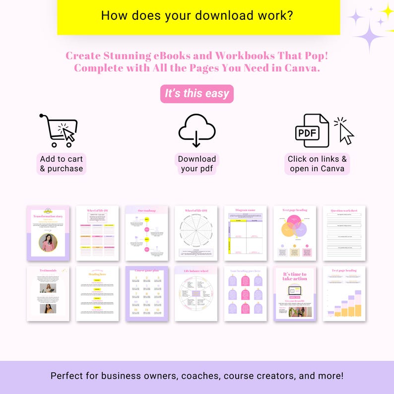 May include: A pink and white graphic showing how to download and use a set of printable pages for creating ebooks and workbooks in Canva. The graphic includes a shopping cart, a cloud with a download arrow, and a PDF icon with a click arrow. The text "Create Stunning eBooks and Workbooks That Pop! Complete with All the Pages You Need in Canva." is at the top of the graphic. The text "It's this easy" is in a pink box below the icons. The text "Perfect for business owners, coaches, course creators, and more!" is at the bottom of the graphic.