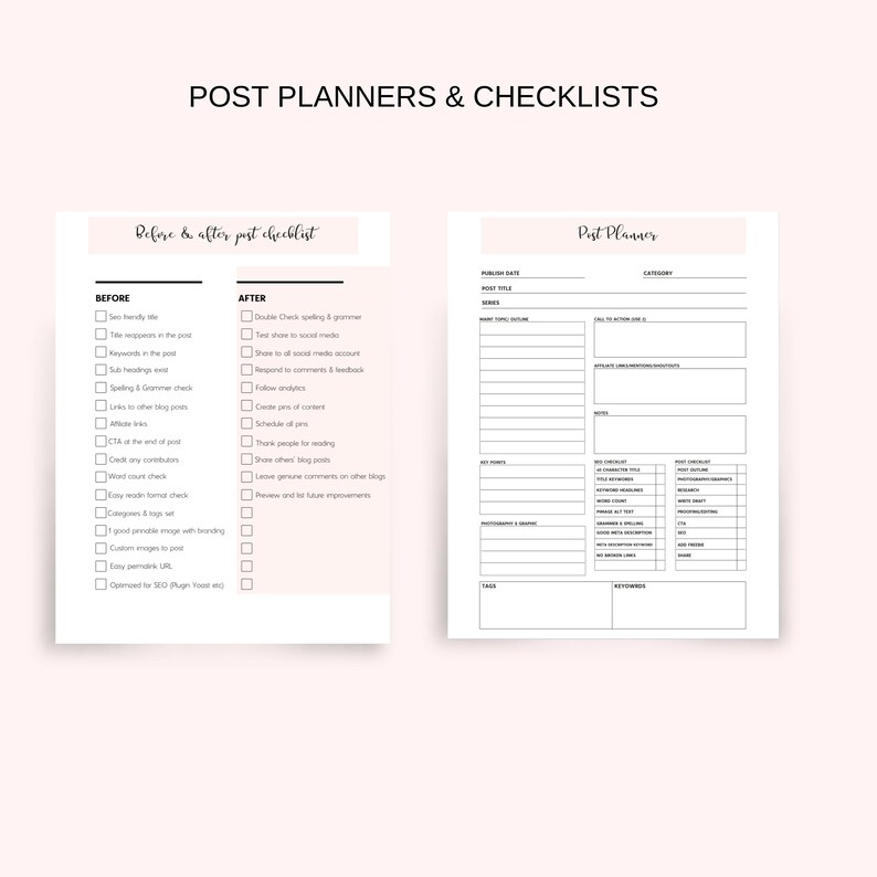 May include: A printable checklist and planner for social media posts. The checklist includes steps for before and after posting, such as writing a SEO friendly title, double checking spelling and grammar, and responding to comments. The planner includes sections for the post title, category, notes, hashtags, photography and editing, and calls to action.