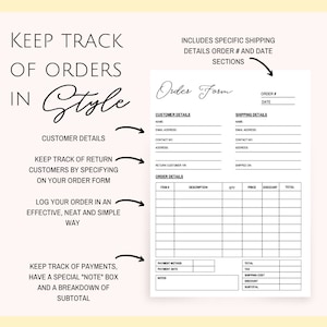 May include: Black and white printable order form template with sections for customer details, shipping details, order details, and payment details. The form includes fields for name, email address, contact number, address, item number, description, quantity, price, discount, total, payment method, payment date, and notes.