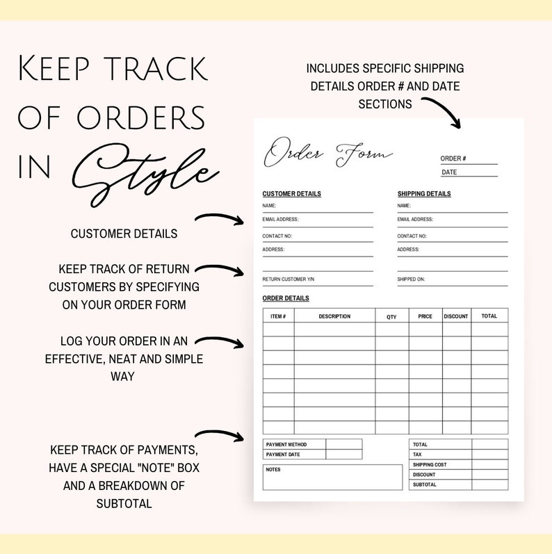 May include: Black and white printable order form template with sections for customer details, shipping details, order details, and payment details. The form includes fields for name, email address, contact number, address, item number, description, quantity, price, discount, total, payment method, payment date, and notes.