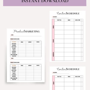 May include: A printable content scheduling and planning template with two pages. The first page is titled "Product Marketing" and has a table for scheduling content across different platforms, including Instagram, Facebook, Twitter, Pinterest, and email marketing. The second page is titled "Content Schedule" and has a table for scheduling content by day of the week, with columns for platform, post title, image, and date and time.