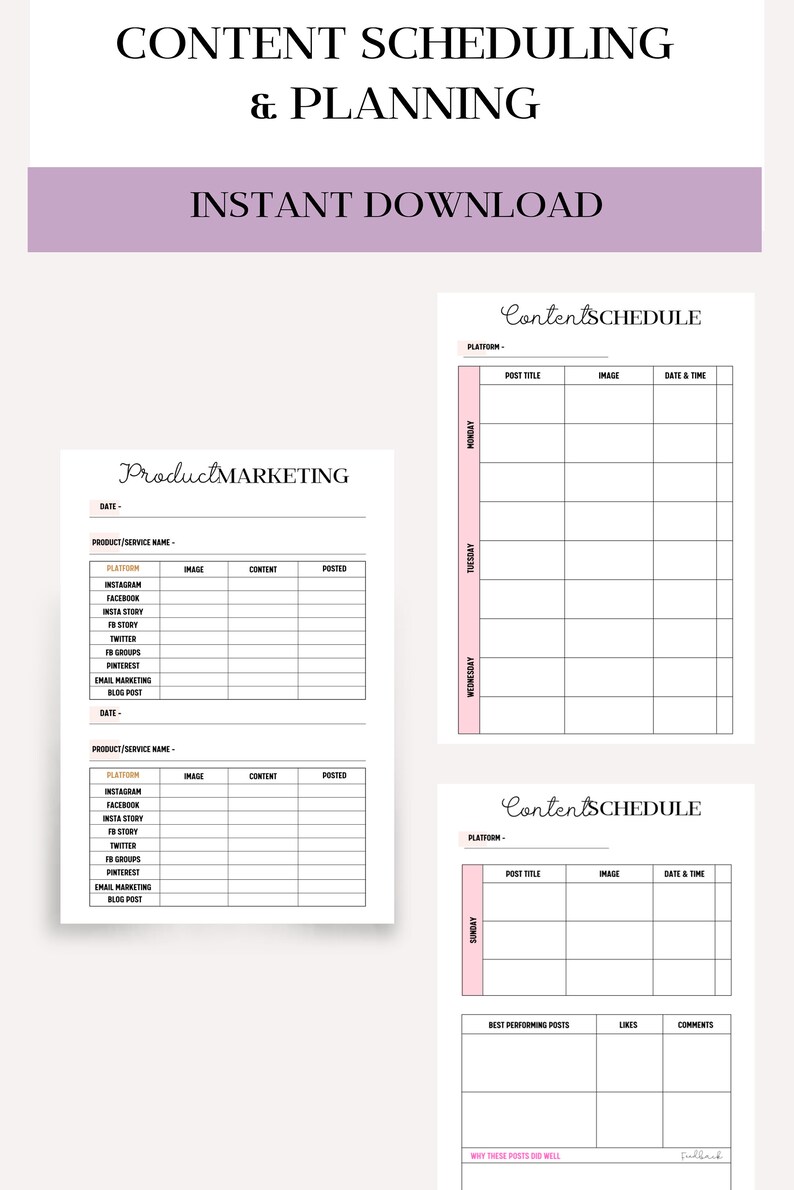 May include: A printable content scheduling and planning template with two pages. The first page is titled "Product Marketing" and has a table for scheduling content across different platforms, including Instagram, Facebook, Twitter, Pinterest, and email marketing. The second page is titled "Content Schedule" and has a table for scheduling content by day of the week, with columns for platform, post title, image, and date and time.