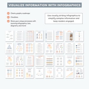 May include: A collection of infographics templates in various layouts and designs. The image includes text that reads "VISUALIZE INFORMATION WITH INFOGRAPHICS" and "Charts, graphs, roadmaps, Checklists". The templates are in pastel colors.