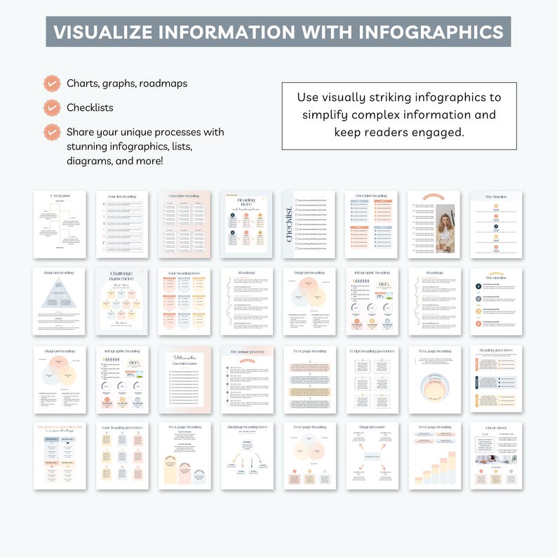 May include: A collection of infographics templates in various layouts and designs. The image includes text that reads "VISUALIZE INFORMATION WITH INFOGRAPHICS" and "Charts, graphs, roadmaps, Checklists". The templates are in pastel colors.