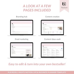May include: A screenshot of a Notion page showing a template for a life and business planner. The template includes sections for branding, content creation, email marketing, and content ideas.