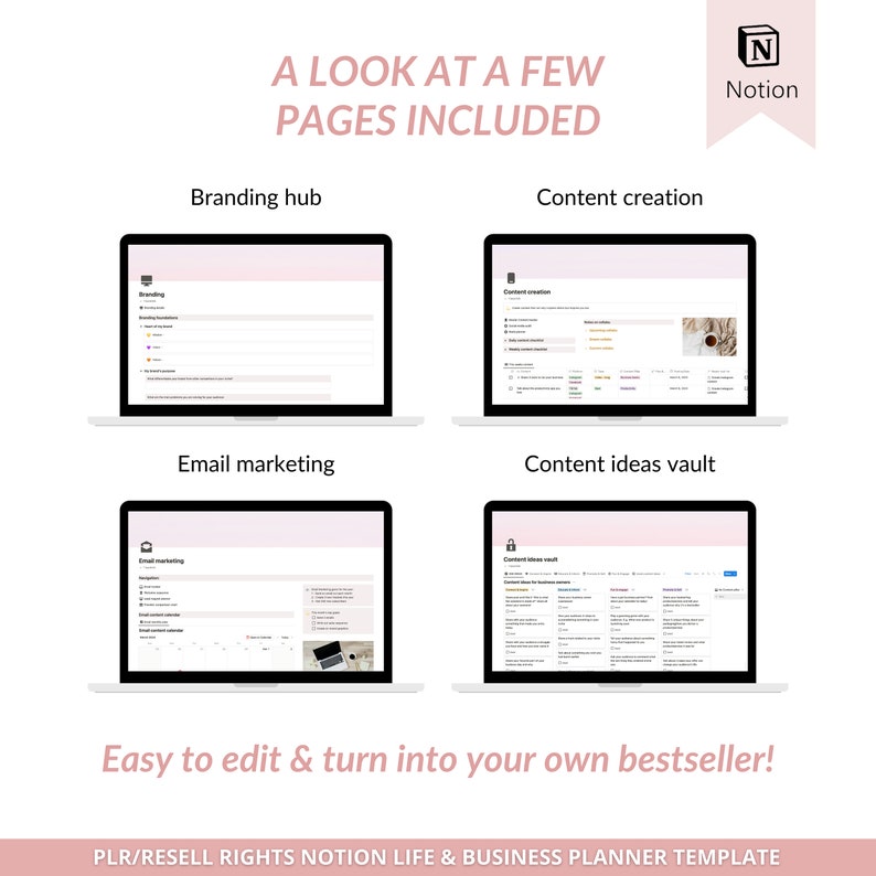 May include: A screenshot of a Notion page showing a template for a life and business planner. The template includes sections for branding, content creation, email marketing, and content ideas.