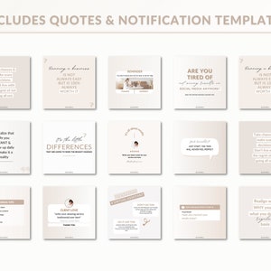 May include: A collection of 12 social media post templates with quotes and tips for running a business. The templates are in a minimalist style with a neutral color palette of beige and white.