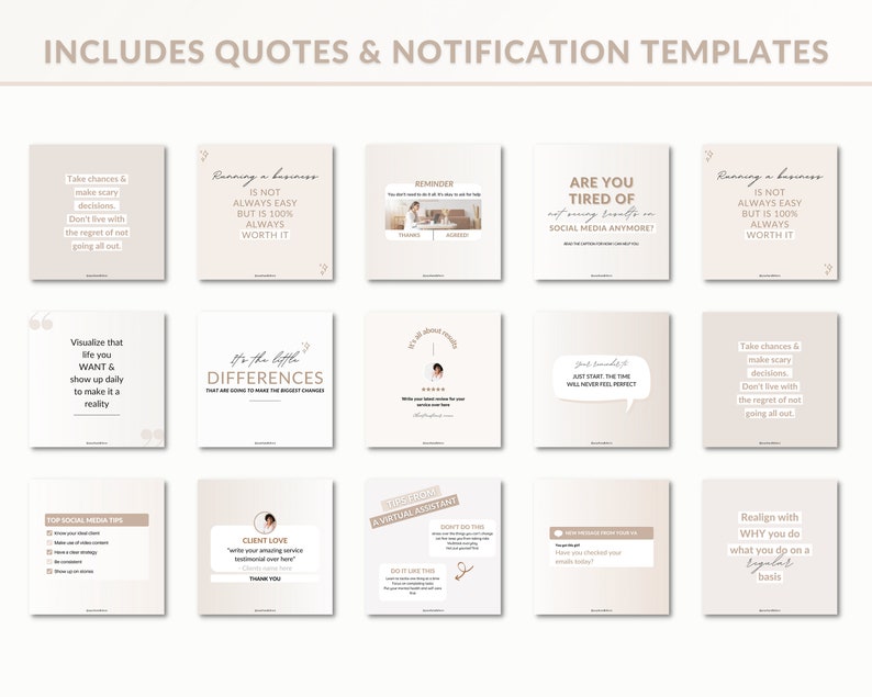 May include: A collection of 12 social media post templates with quotes and tips for running a business. The templates are in a minimalist style with a neutral color palette of beige and white.