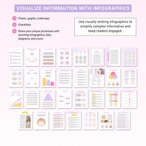 May include: A collection of 24 infographic templates in a pink and white color scheme. The templates feature various chart types, including bar graphs, pie charts, flow charts, and checklists. The text "Visualize Information with Infographics" appears at the top of the image.