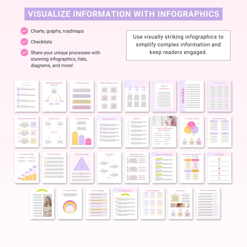 May include: A collection of 24 infographic templates in a pink and white color scheme. The templates feature various chart types, including bar graphs, pie charts, flow charts, and checklists. The text "Visualize Information with Infographics" appears at the top of the image.