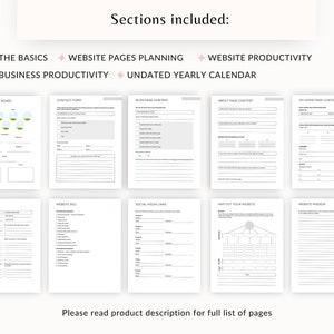 May include: A printable worksheet with sections for website planning, business productivity, and website productivity. The worksheet includes sections for website brand board, contact form, blog page content, about page content, my home page content, competitors, website SEO, social media links, map out your website, and website mission.