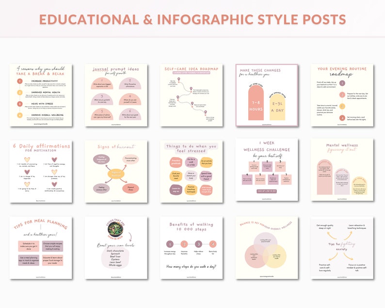 May include: A collection of 12 colorful infographic style social media posts with tips for self-care, wellness, and mental health. The posts feature illustrations, text, and a pink and yellow color scheme.