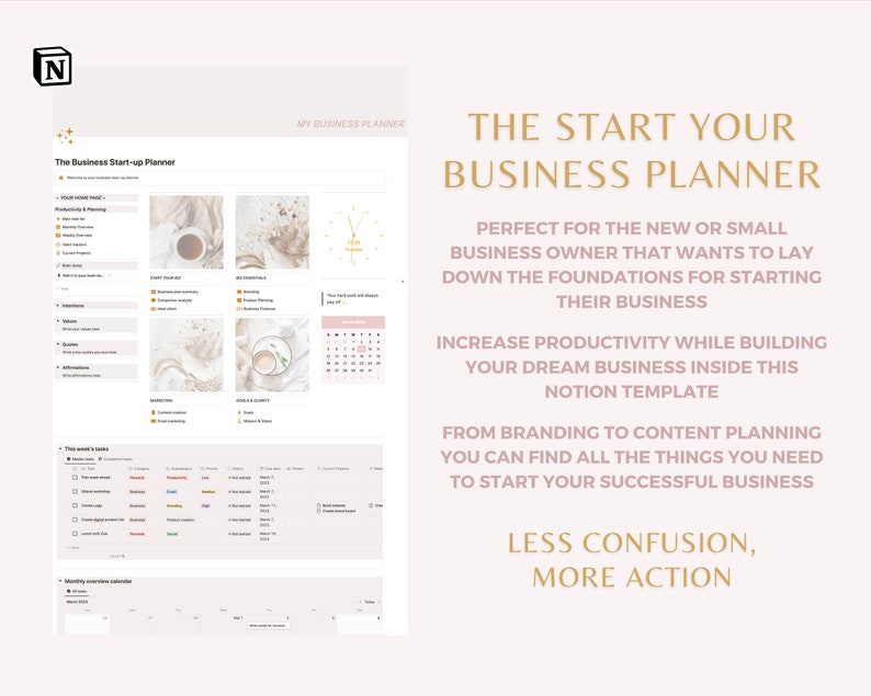 May include: A pink and white digital planner template for starting a business. The template is titled "The Start Your Business Planner" and includes text about laying the foundations for starting a business, increasing productivity, and building a dream business. The template is designed for the Notion app.