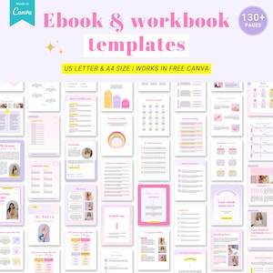 May include: A collage of 130+ pages of pink and yellow ebook and workbook templates for Canva. The templates feature a variety of layouts, including welcome pages, table of contents, step-by-step guides, and more.