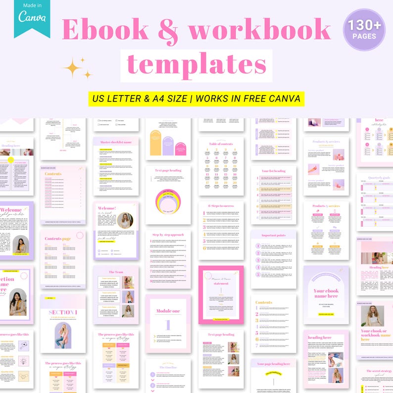 May include: A collage of 130+ pages of pink and yellow ebook and workbook templates for Canva. The templates feature a variety of layouts, including welcome pages, table of contents, step-by-step guides, and more.