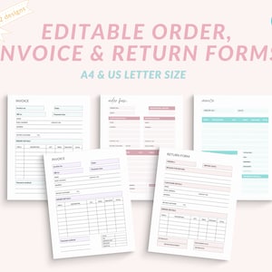 Op de afbeelding: Bewerkbare bestel-, factuur- en retourformulieren in vier kleuren. De formulieren zijn ontworpen voor A4- en US-letterformaat papier. De formulieren bevatten secties voor bestelgegevens, klantgegevens en betaalmethode.