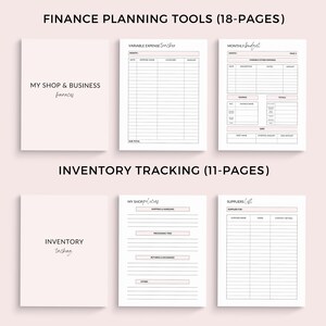 May include: A printable set of worksheets for planning and tracking finances and inventory for a small business. The worksheets are designed to help business owners manage their expenses, income, and inventory. The worksheets are organized into two sections: "Finance Planning Tools" and "Inventory Tracking".
