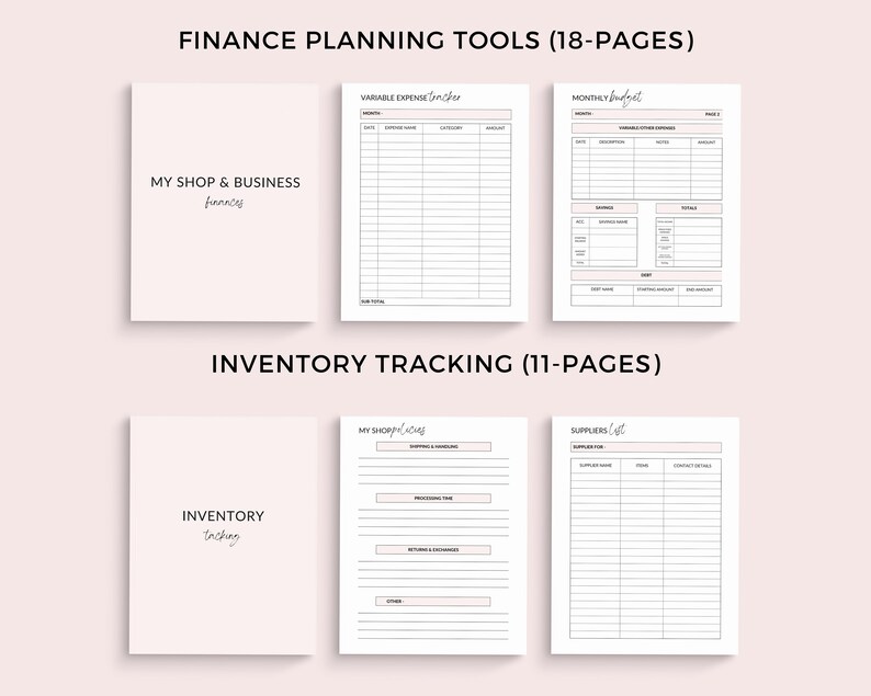 May include: A printable set of worksheets for planning and tracking finances and inventory for a small business. The worksheets are designed to help business owners manage their expenses, income, and inventory. The worksheets are organized into two sections: "Finance Planning Tools" and "Inventory Tracking".