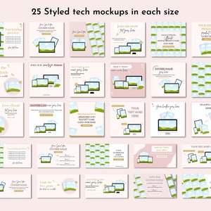 Op de afbeelding: Een verzameling van 25 technische mockups in verschillende formaten, met een landschapssc&egrave;ne met een blauwe lucht, groen gras en witte wolken. De mockups worden weergegeven op verschillende apparaten, waaronder laptops, tablets en smartphones. De tekst "Sluit je nu aan" en "Pak de gratis gids" is zichtbaar op sommige van de mockups.