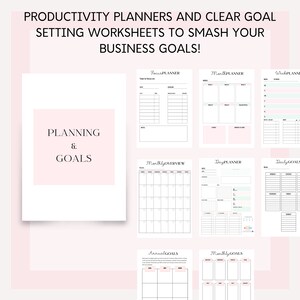 May include: A set of printable productivity planners and goal setting worksheets. The worksheets are designed to help you smash your business goals. The worksheets include a focus planner, monthly planner, weekly planner, monthly overview, day planner, daily goals, annual goals, and monthly goals.