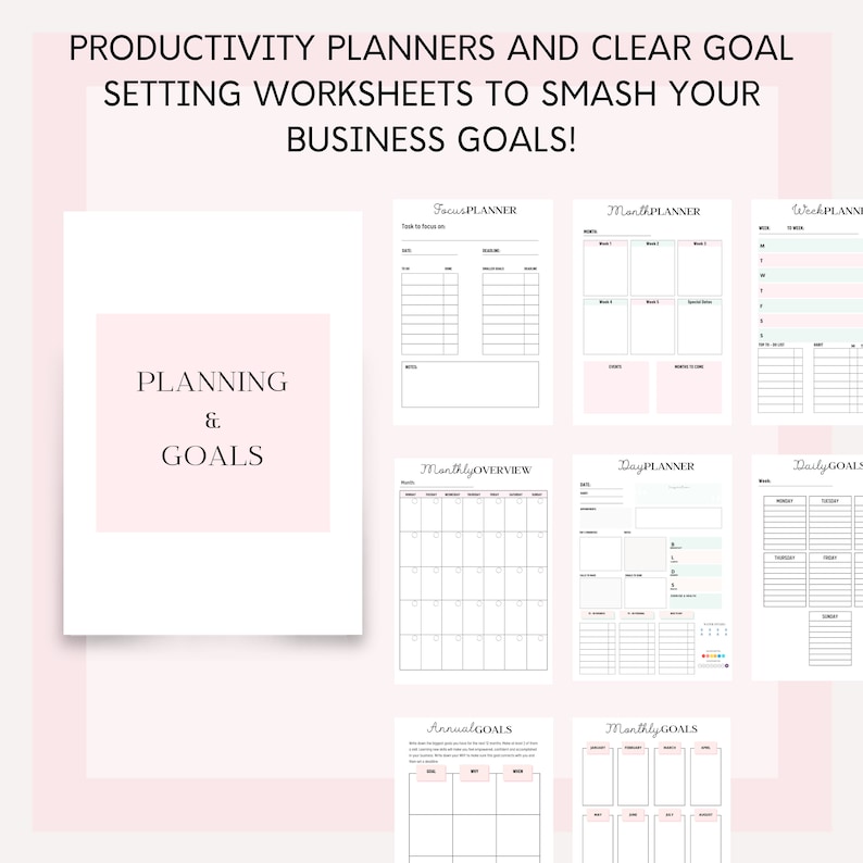 May include: A set of printable productivity planners and goal setting worksheets. The worksheets are designed to help you smash your business goals. The worksheets include a focus planner, monthly planner, weekly planner, monthly overview, day planner, daily goals, annual goals, and monthly goals.