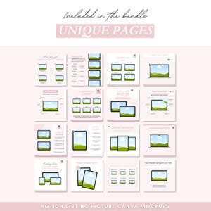Pode incluir: Uma cole&ccedil;&atilde;o de 12 mockups Canva exclusivos para modelos Notion. Cada mockup apresenta uma tela de laptop ou tablet com um fundo de paisagem e texto que diz "Modelo Notion".