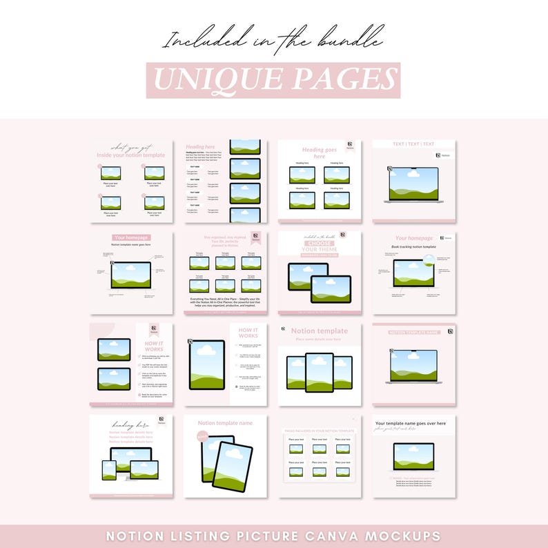 Pode incluir: Uma cole&ccedil;&atilde;o de 12 mockups Canva exclusivos para modelos Notion. Cada mockup apresenta uma tela de laptop ou tablet com um fundo de paisagem e texto que diz "Modelo Notion".