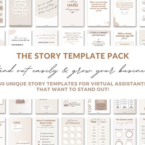 K&ouml;nnte beinhalten: Ein beige-braunes digitales Marketing-Vorlagenpaket f&uuml;r virtuelle Assistenten. Das Paket enth&auml;lt 50 einzigartige Story-Vorlagen mit Texten wie "Die Erfolgsformel sieht so aus", "Was gerade funktioniert", "Lernen Sie mich kennen", "Das oder das", "Mein Gesch&auml;ft heute" und "Vorstellung".