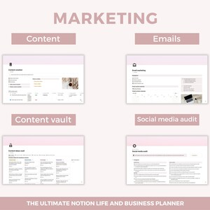 May include: A screenshot of a Notion page with the heading "MARKETING" and four sections: "Content", "Content vault", "Emails", and "Social media audit". Each section has a screenshot of a Notion page with a table and checklist.