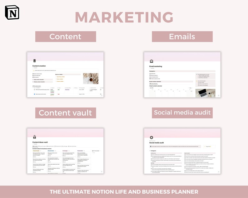 May include: A screenshot of a Notion page with the heading "MARKETING" and four sections: "Content", "Content vault", "Emails", and "Social media audit". Each section has a screenshot of a Notion page with a table and checklist.
