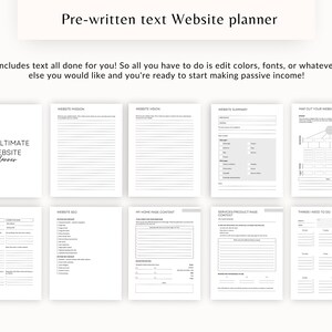 May include: A black and white printable website planner with the text "My Ultimate Website Planner" and sections for website mission, vision, summary, competitors, website bio, home page content, services/product page content, things to do, and map out your website.