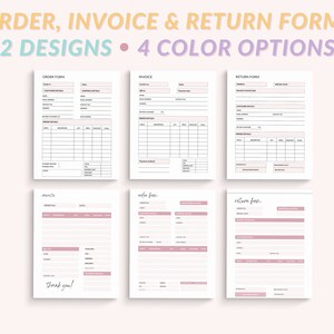 May include: Two designs of order, invoice, and return forms. Each form has a simple, clean design with a light pink accent color. The text "ORDER FORM", "INVOICE", and "RETURN FORM" is at the top of each form.