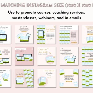 Op de afbeelding: Een verzameling van 12 Instagram-posttemplates met een pastelroze achtergrond met groene en blauwe landschapsafbeeldingen. De templates zijn ontworpen om cursussen, coachingdiensten, masterclasses, webinars en e-mails te promoten. Elk template bevat tekstvakken om je eigen tekst en afbeeldingen toe te voegen.