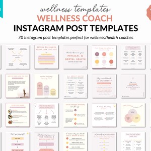 May include: 70 Instagram post templates for wellness and health coaches. The templates feature a variety of topics, including setting boundaries, physical and mental health, nutrition, sleep, and more. The templates are designed in a minimalist style with pink, yellow, and white colors.
