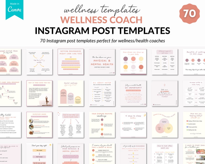 May include: 70 Instagram post templates for wellness and health coaches. The templates feature a variety of topics, including setting boundaries, physical and mental health, nutrition, sleep, and more. The templates are designed in a minimalist style with pink, yellow, and white colors.