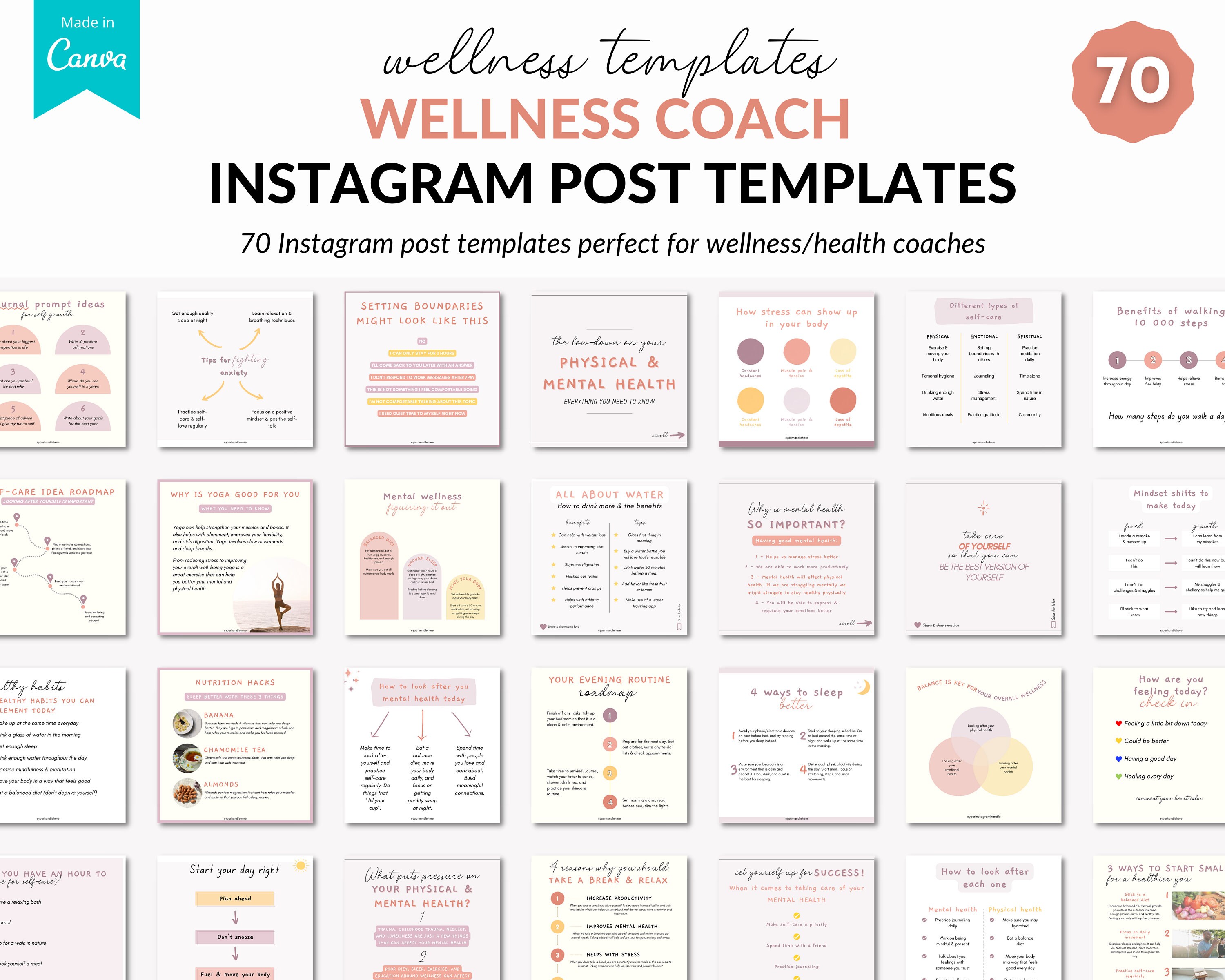 Wellness Coach Templates, Wellness Instagram Post Templates.