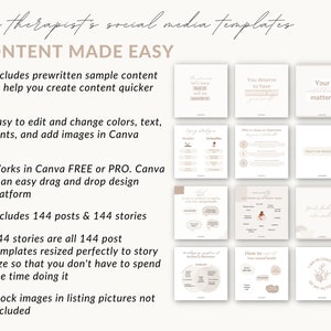 May include: A checklist of features for a social media template set for therapists. The checklist includes prewritten content, easy editing, Canva compatibility, 144 posts and 144 stories, and stock images. The text "CONTENT MADE EASY" is at the top of the checklist.