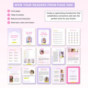 May include: A digital ebook template with a pink and purple color scheme. The template includes a cover page, table of contents, welcome page, and a page for sharing the team, vision, and mission. The text on the template says "Wow your readers from page one!" and "Create a captivating introduction that establishes connection and sets the perfect tone for your brand."