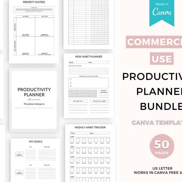 PLR Planner, Commercial use Productivity planner, Commercial use planner, Productivity planner bundle, Goal trackers, Canva planner