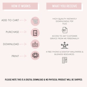 May include: A pink and white graphic with the text "How It Works" and "What You Receive". The graphic shows a step-by-step process for purchasing a digital product, including adding to cart, purchasing, downloading, and printing. The graphic also includes icons for each step, such as a shopping cart, a receipt, a download arrow, and a printer. The text "Please note this is a digital download & no physical product will be shipped." is at the bottom of the graphic.