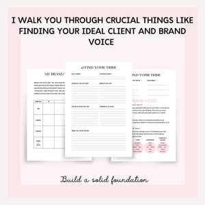 May include: A printable worksheet with the title "Find Your Tribe" and "Brand Voice" to help you define your ideal customer and brand voice. The worksheet includes sections for age and gender, location and budget, websites they visit, aesthetics they like, personality and values, where they can be reached, what they say online, their hobbies, tone, language, and purpose and values.
