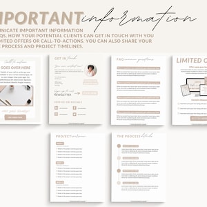May include: A beige and white infographic with the title "IMPORTANT information" and the text "COMMUNICATE IMPORTANT INFORMATION LIKE FAQS, HOW YOUR POTENTIAL CLIENTS CAN GET IN TOUCH WITH YOU AND LIMITED OFFERS OR CALL-TO-ACTIONS. YOU CAN ALSO SHARE YOUR UNIQUE PROCESS AND PROJECT TIMELINES." The infographic is divided into five sections: "Call to action", "GET IN", "FAQ", "LIMITED OFFER", "PROJECT", and "THE PROCESS".